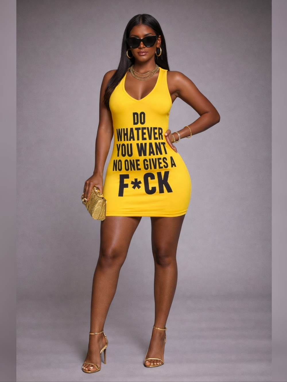 Yellow Graphic V-Neck Bodycon Mini Dress